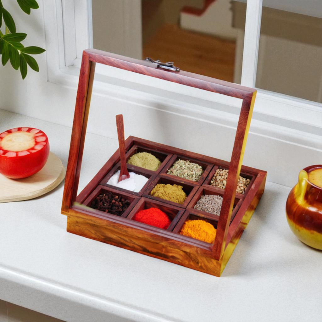 Wooden Spice Box with Large Containers, Wooden Spoon